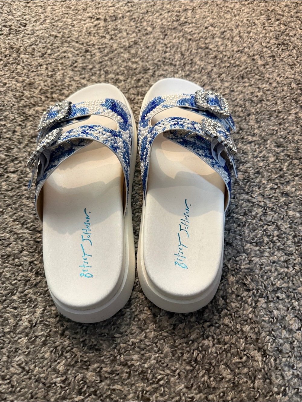 Betsey Johnson White and Blue Pearl Embellished Double Buckle Slide Sandals - Picture 3 of 5